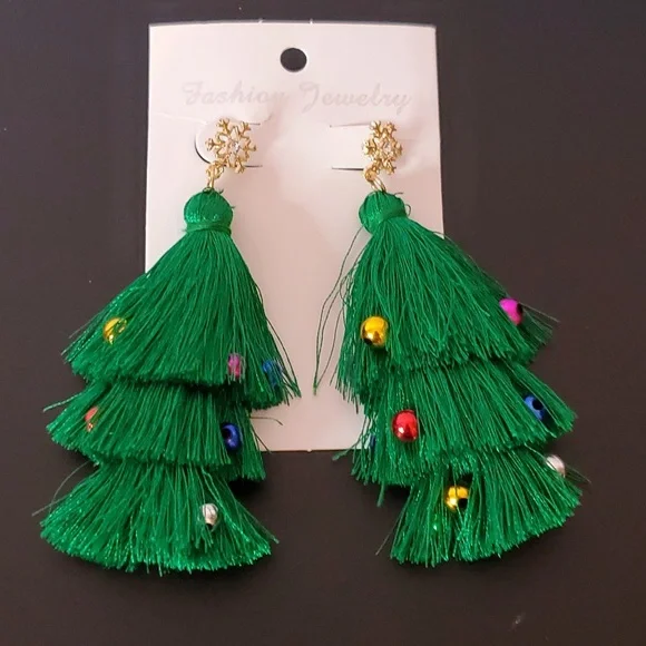 Pierced Christmas Tree Tassel Earrings - Picture 2 of 3